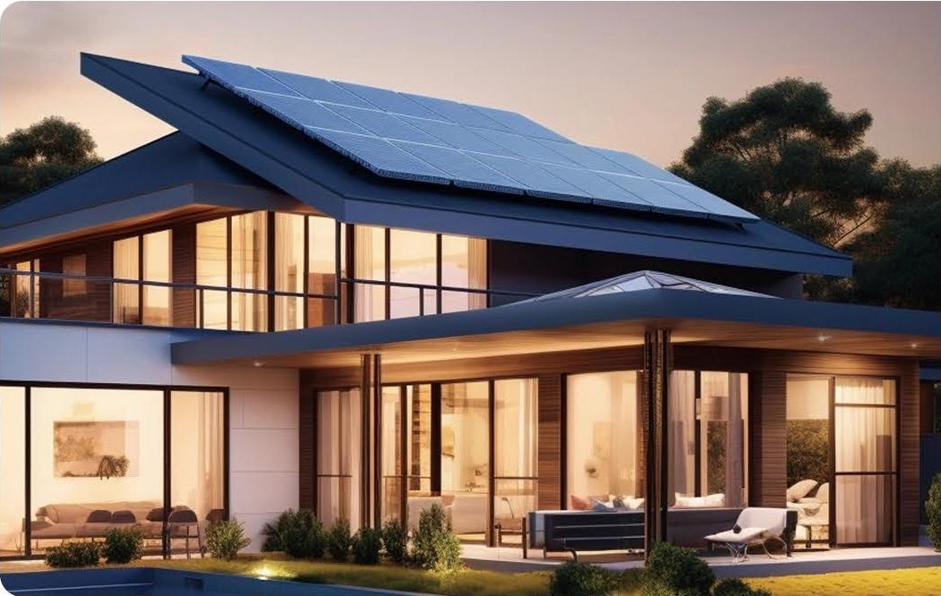 Home with rooftop solar panels at dusk
